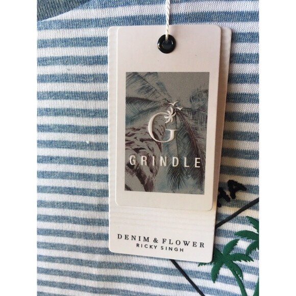 Denim & Flower men Ricky Singh Blue White Stripe Aloha Hawaii T Shirt sze Medium - Picture 5 of 11